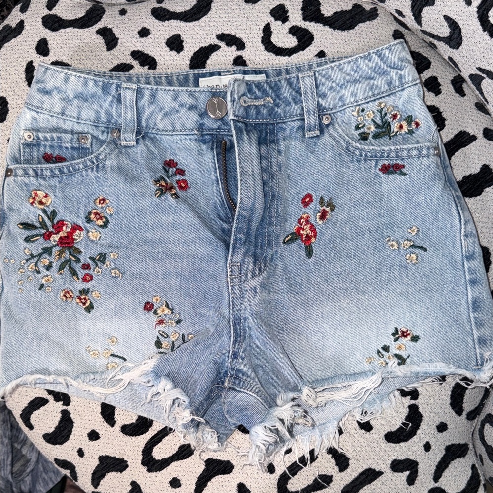 Embroidered Floral Light Blue Denim Shorts